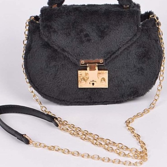 Soft Black Faux Fur Gold Chain Crossbody Mini Bag - Picture 3 of 5